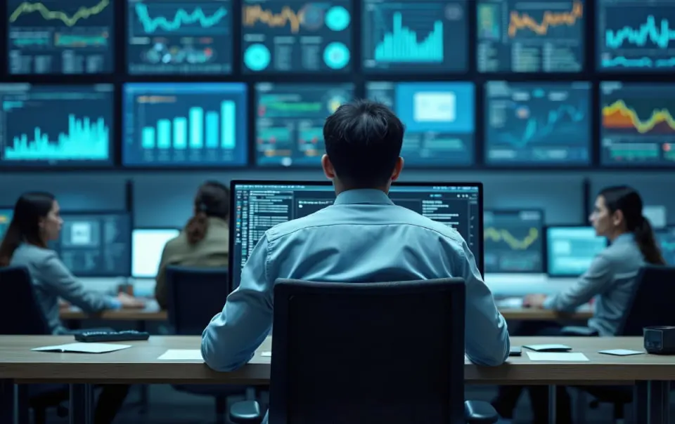 Team monitoring enterprise systems and data dashboards, illustrating operational visibility for AI governance