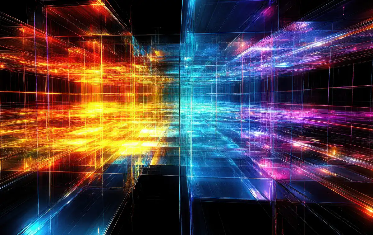 Abstract digital grid with intersecting luminous structures representing structured enterprise architecture and intelligent system coordination.