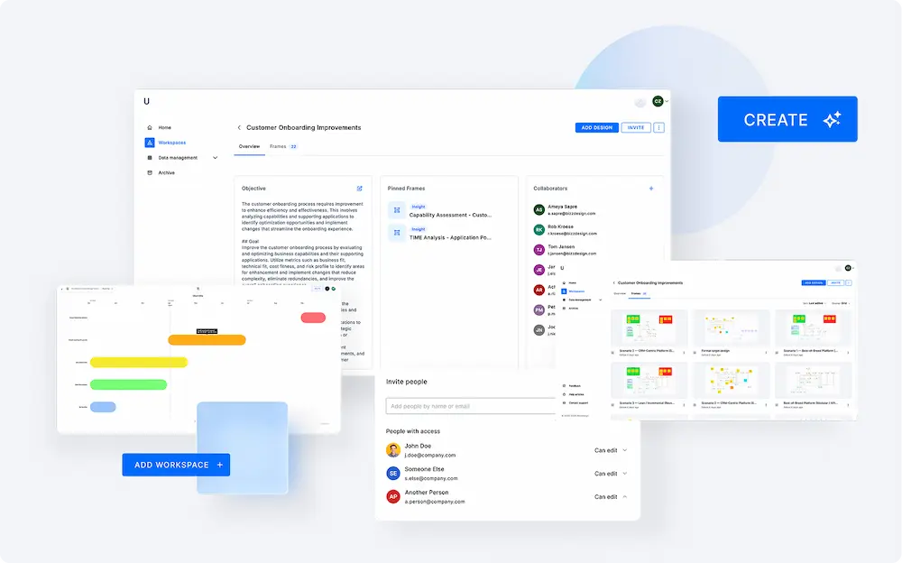 Bizzdesign Unify initiative mobilization workspace showing collaborative outputs organized into structured workspaces, stakeholders, and execution ready transformation plans.